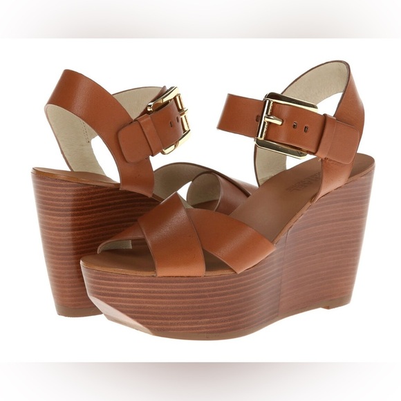 MICHAEL KORS PEGGY WEDGE LUGGAGE OPEN TOE ANKLE STRAP SANDAL SHOES size 10 - Picture 1 of 5